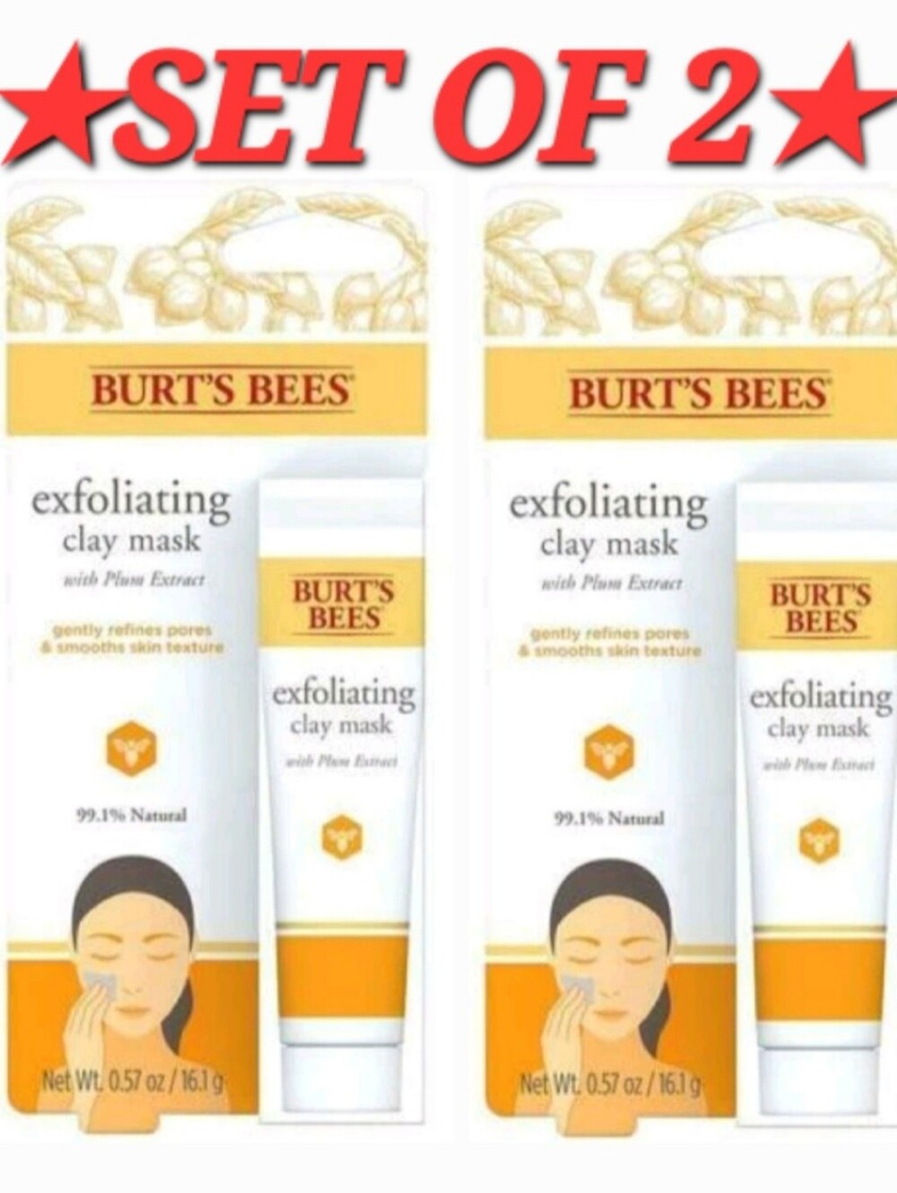 *SET OF 2*Burt's Bees Exfoliating Clay Mask With Plum Extract, 0.57 oz Each Tube